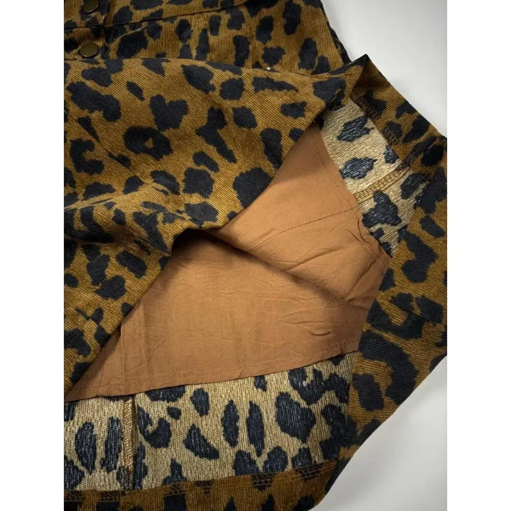 Akaiv Leopard Print Corduroy Button Front‎ Mini Skirt Brown Black Small